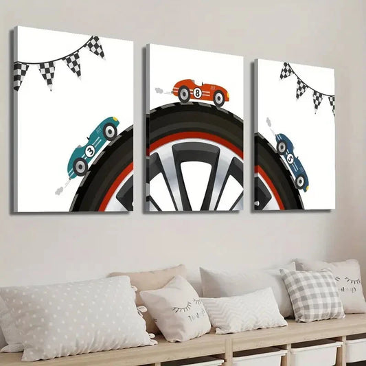 3pcs Racing Car Illustration on Cartoon Tire Wall Art Set Canvas Framed 40x60cm - High Quality Print 100% Australian Made Wall Canvas Ready to Hang