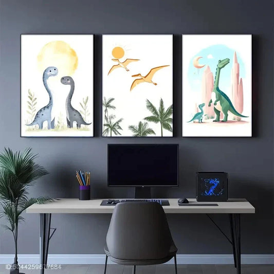3pcs Playful Dinosaur Designs Wall Decor Metal Print Ready to Hang Art