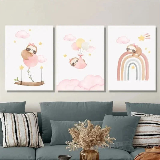 3pcs Cartoon pink baby sloth drawing, wildlife, Metal Print Ready to Hang Art