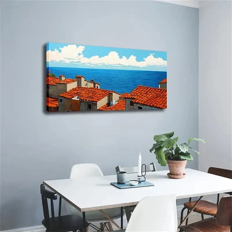 Roofed Seaside Town Blue Sky Wall Art Canvas Office Home Room Framed 120x60cm