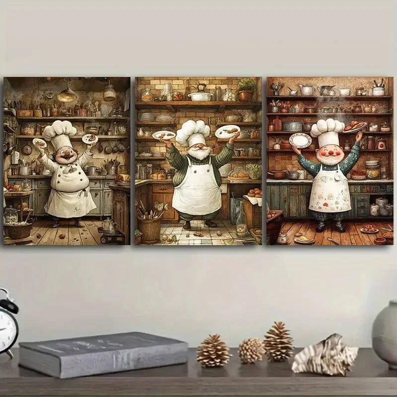 3pcs The whimsical chef Wall Art Set Canvas Framed 40x60cm - High Quality Print 100% Australian Made Wall Canvas Ready to Hang