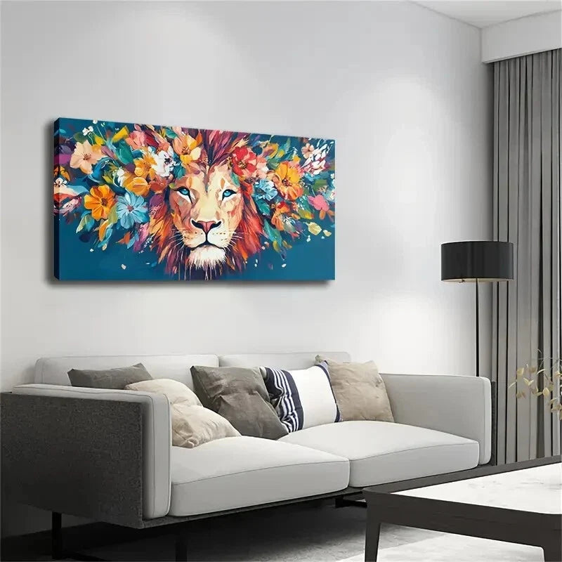 Watercolor Lion Head Floral Wall Art Canvas Office Home Room Framed 120x60cm