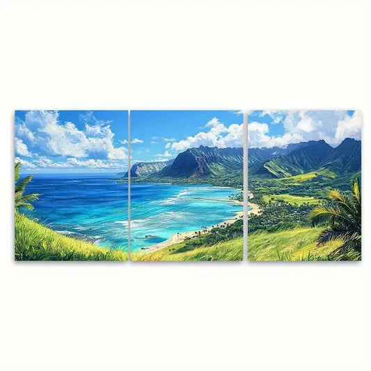 3pcs Hawaii Scenic Landscape Oahu Beach & Mountain Metal Print Ready to Hang Art