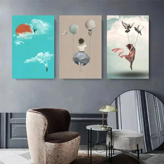 3pcs Dreamy Girl with Balloons and Birds Metal Print Ready to Hang Art