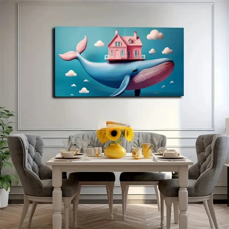 Whimsical Whale & Wall Art Canvas Office Home Room Framed 80x45cm