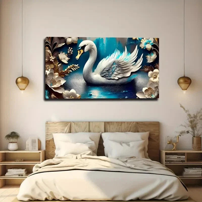 Majestic Swan Floral Wall Art Canvas Office Home Room Framed 80x45cm