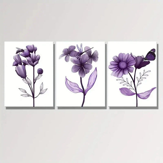 3pcs Transparent Floral with Butterfly Painting  Metal Print Ready to Hang Art