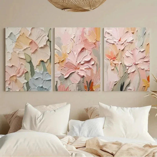 3pcs Flower Painting on Abstract Creamy Metal Print Ready to Hang Art