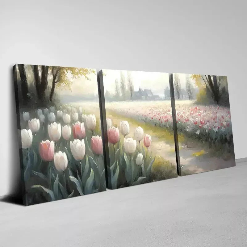 3pcs Rare Tulips Field with Building Painting Wall Art Set Canvas Framed 40x60cm - High Quality Print 100% Australian Made Wall Canvas Ready to Hang