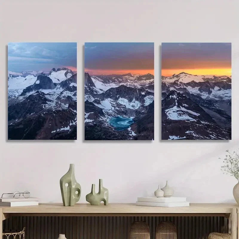 3pcs Natural Landscape with Mountains, Snow,, Metal Print Ready to Hang Art