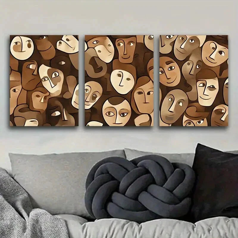 3pcs Modern Brown and Beige Faces Metal Print Ready to Hang Art