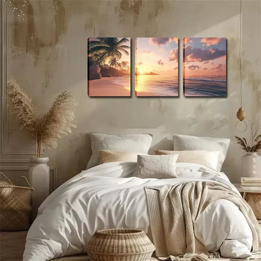 3pcs Coastal Sunset with Coconut Trees Wall Art Set Canvas Framed 40x60cm - High Quality Print 100% Australian Made Wall Canvas Ready to Hang