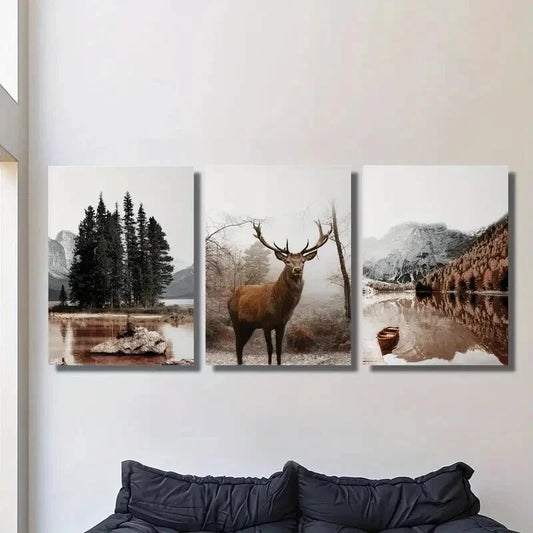 3pcs Mountain Lake And a Stag, Metal Print Ready to Hang Art