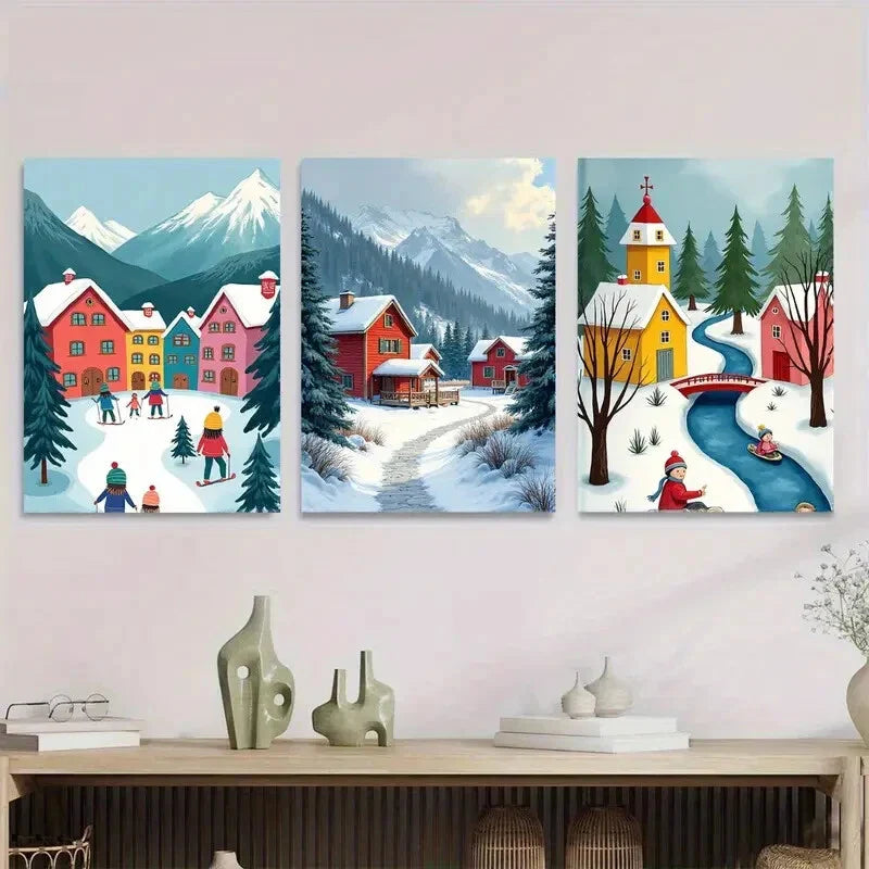 3pcs Winter Village Triptych Vibrant Snowy Metal Print Ready to Hang Art