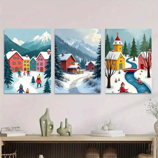 3pcs Winter Village Triptych Vibrant Snowy Metal Print Ready to Hang Art