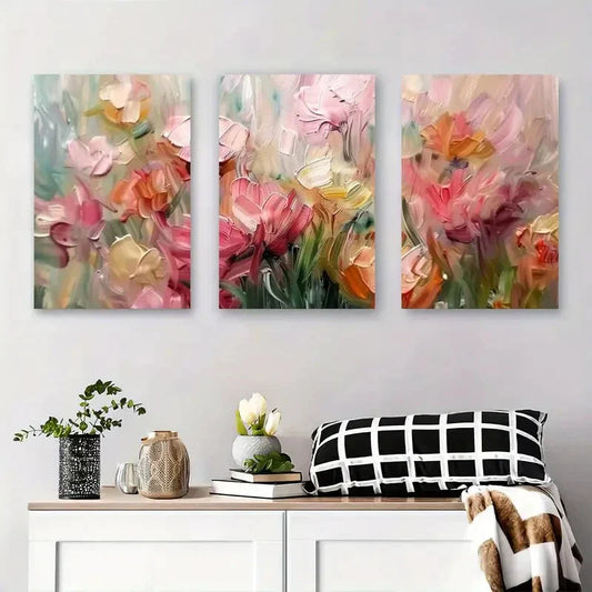 3pcs Soft Pink and Yellow Flower Bouquet Metal Print Ready to Hang Art