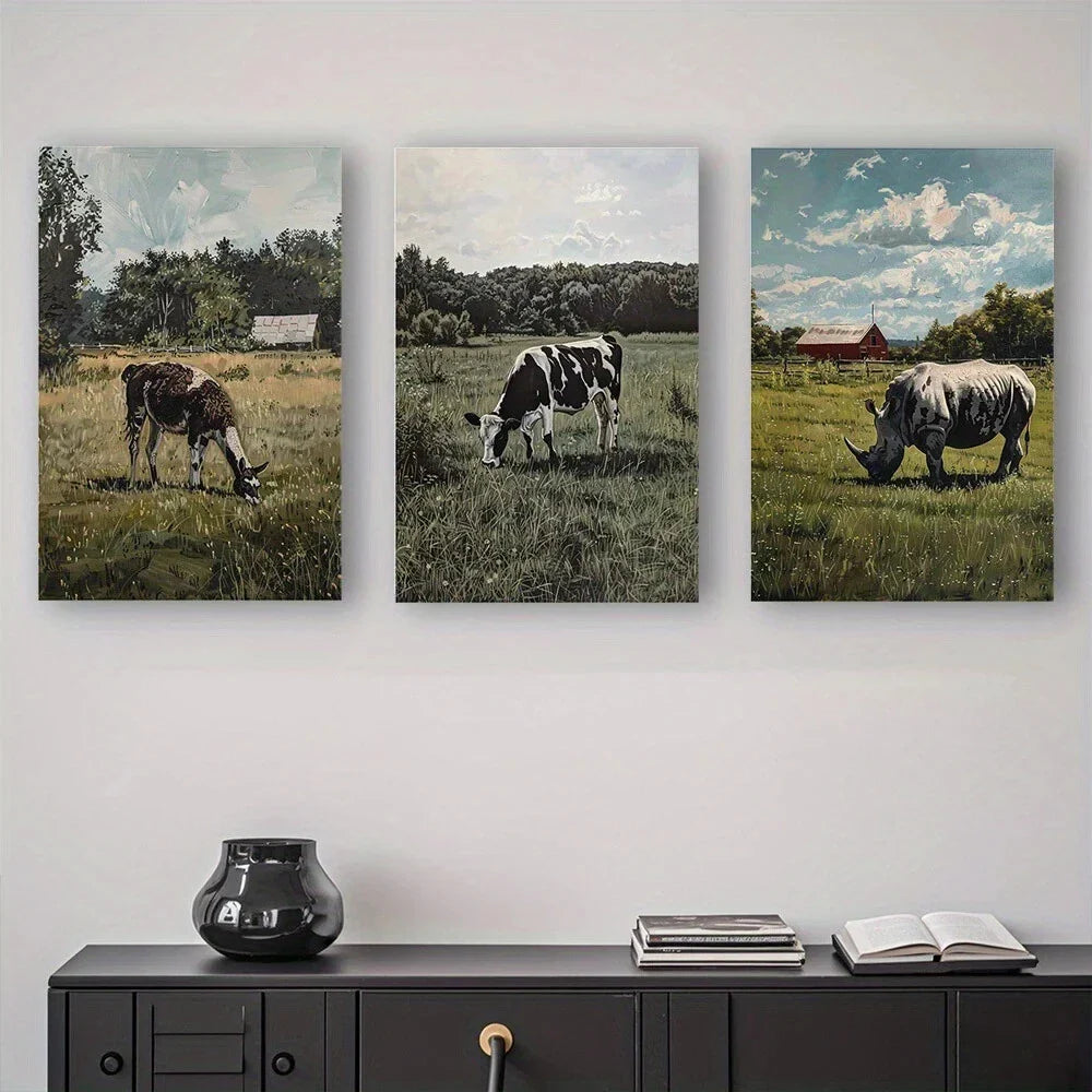 3pcs Farmhouse Herdsmen & Animals Grazing Scenery Metal Print Ready to Hang Art