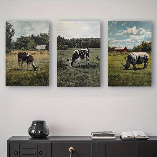 3pcs Farmhouse Herdsmen & Animals Grazing Scenery Metal Print Ready to Hang Art