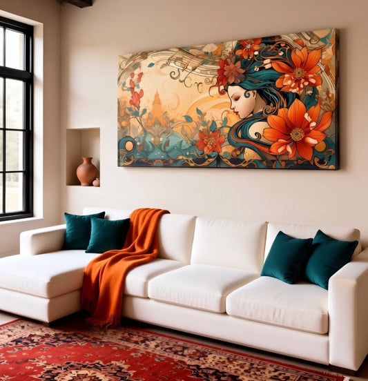 Orange Blossom and Woman Floral Wall Art Canvas Office Home Framed 80x45cm
