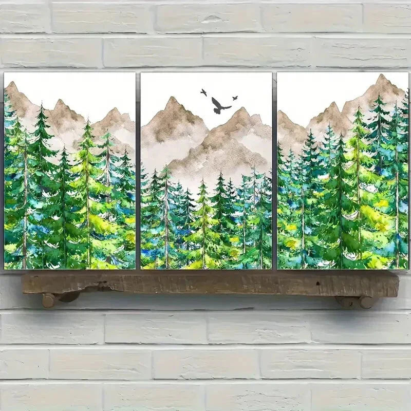 3pcs Pine Trees & Birds Watercolor Minimalist Deco Metal Print Ready to Hang Art