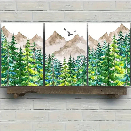 3pcs Pine Trees & Birds Watercolor Minimalist Deco Metal Print Ready to Hang Art