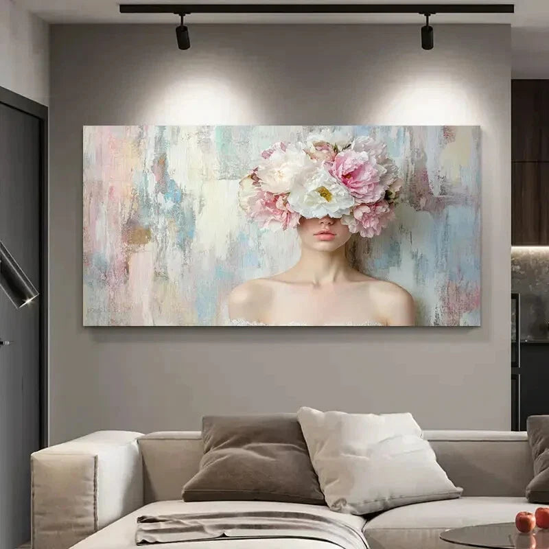 Floral Veil Woman Peony Modern Wall Art Canvas Office Home Room Framed 80x45cm