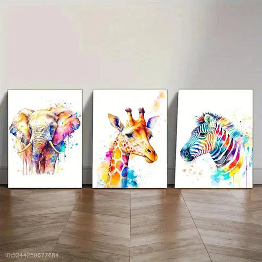 3pcs Elephant Sika Deer Zebra Animal Poster Metal Print Ready to Hang Art