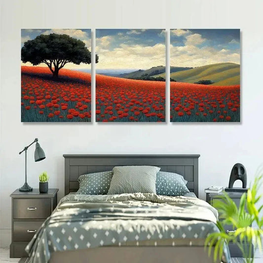 3pcs Elegant Poppy Field Triptych Red Metal Print Ready to Hang Art