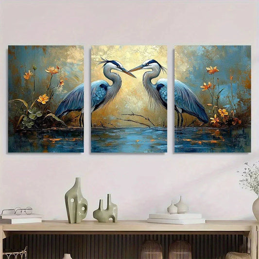 3pcs Herons Texture Crane Flowers Metal Print Ready to Hang Art