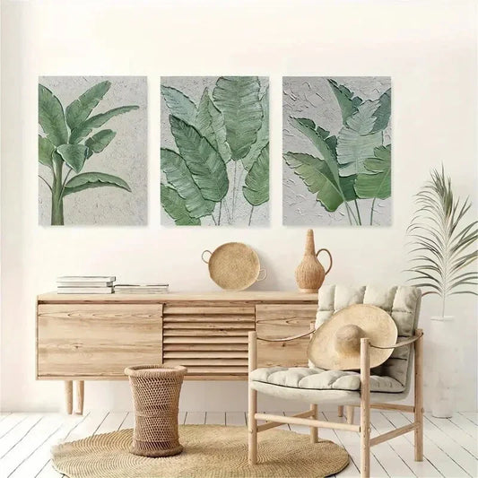 3pcs Green Minimalist Textured Leaves Metal Print Ready to Hang Art