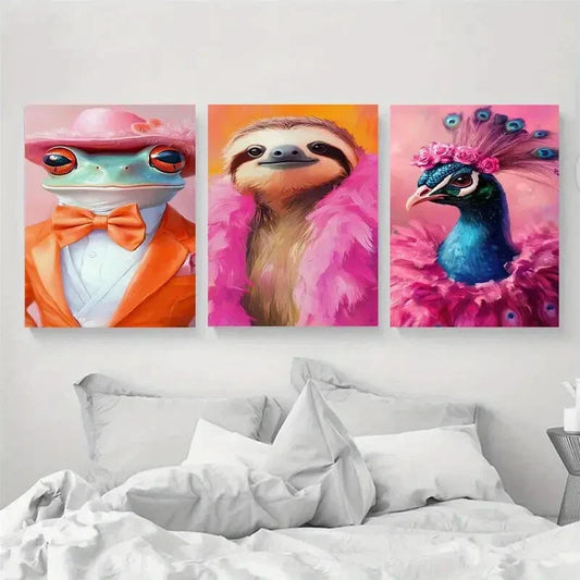3pcs Funky Animal Fashion Portraits Metal Print Ready to Hang Art