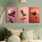 3pcs Peonies, Roses, Poppies in Pink & Orange Metal Print Ready to Hang Art
