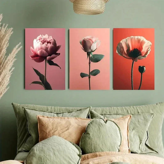 3pcs Peonies, Roses, Poppies in Pink & Orange Metal Print Ready to Hang Art