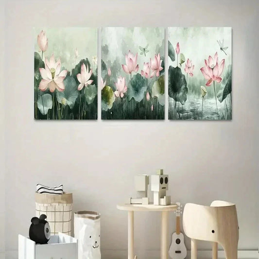 3pcs Lotus Pink Floral Metal Print Ready to Hang Art