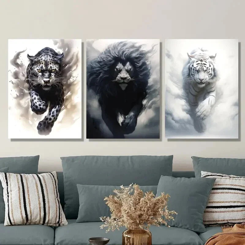 3pcs Black Cheetah, Lion & White Tiger Metal Print Ready to Hang Art