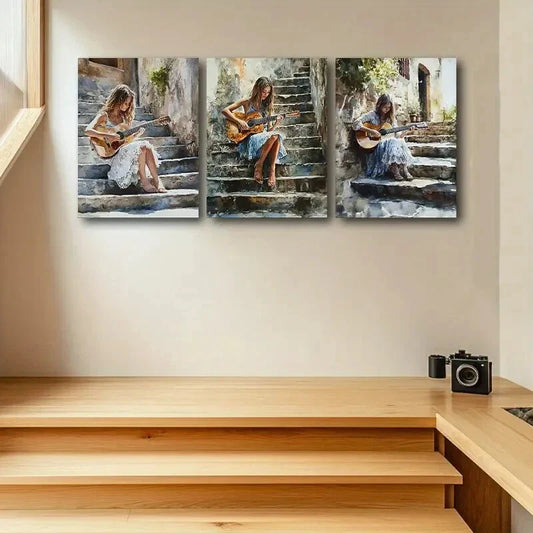 3pcs Featuring a Woman Playing The Guitar Metal Print Ready to Hang Art