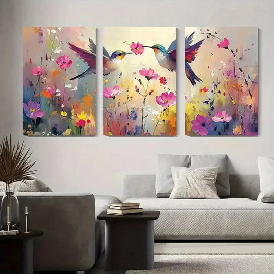 3pcs Vibrant Hummingbirds & Flowers Metal Print Ready to Hang Art