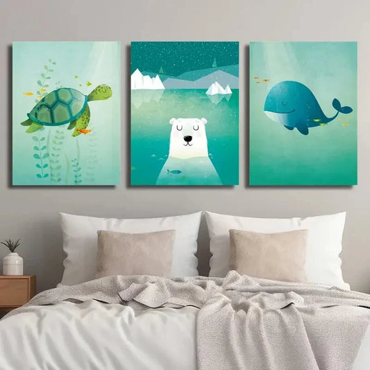 3pcs Cartoon Turtle Polar Bear Sea Animal Whale Metal Print Ready to Hang Art