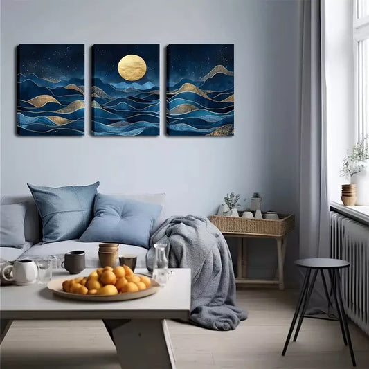 3pcs  Blue Abstract Mountain And Moon Wall Art Set Canvas Framed 40x60cm - High Quality Print 100% Australian Made Wall Canvas Ready to Hang