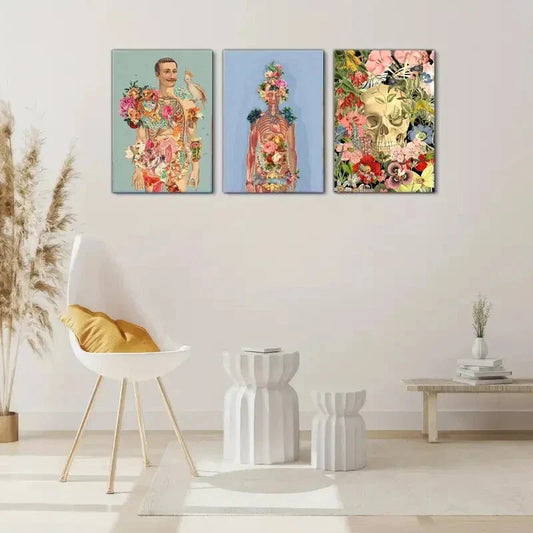 3pcs Unique Retro Human Anatomy Art Floral Metal Print Ready to Hang Art