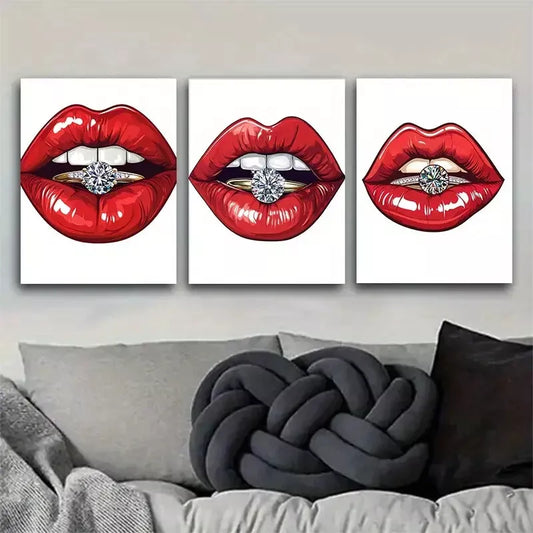 3pcs  Glamorous Red Lips with Diamond Ring Wall Art Set Canvas Framed 40x60cm - High Quality Print 100% Australian Made Wall Canvas Ready to Hang