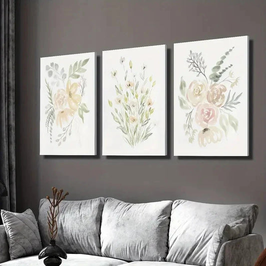 3pcs Watercolor Flower Painting with Plant Wall Art Set Canvas Framed 40x60cm - High Quality Print 100% Australian Made Wall Canvas Ready to Hang