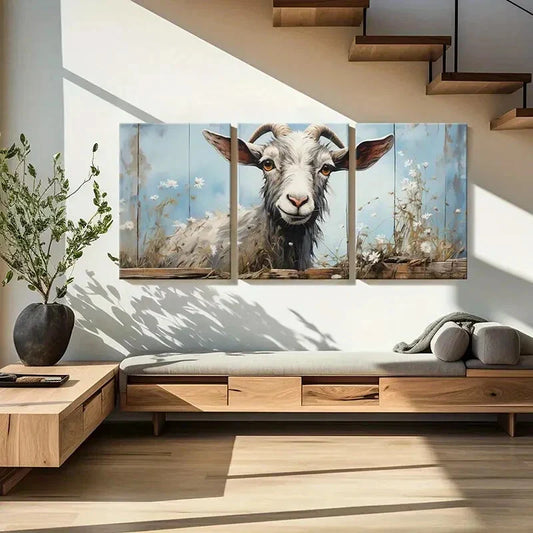 3pcs Artistic Goat, Curved Horn, White Flower Metal Print Ready to Hang Art