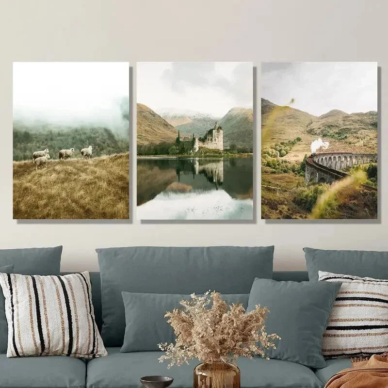 3pcs Scottish Highlands, rural landscape Metal Print Ready to Hang Art