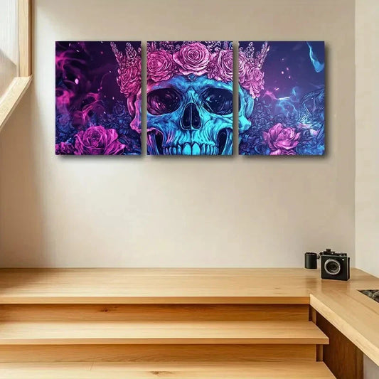 3pcs Skull wore a Crown of Roses Metal Print Ready to Hang Art