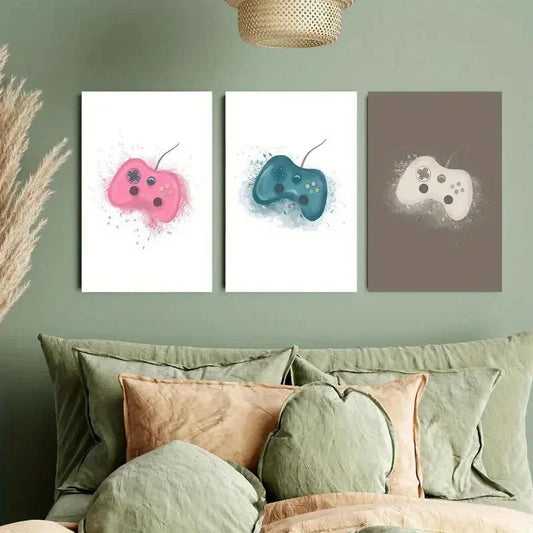 3pcs Pink, Blue & White Game Controller Metal Print Ready to Hang Art