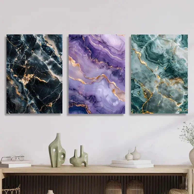 3pcs Golden & Black, Purple & Golden, Blue Metal Print Ready to Hang Art