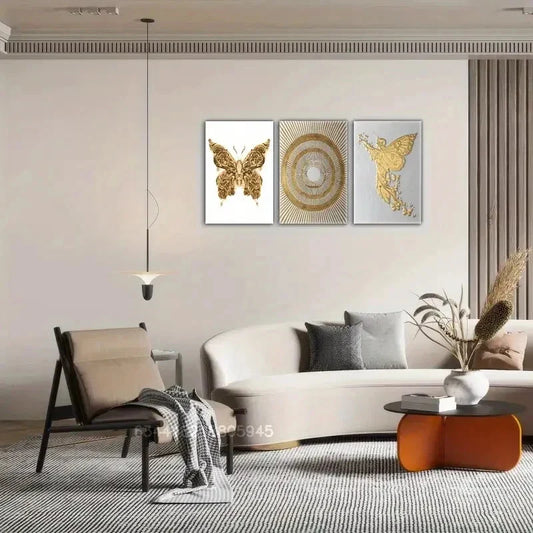 3pcs Golden butterfly, Golden sun, Golden Art Metal Print Ready to Hang Art