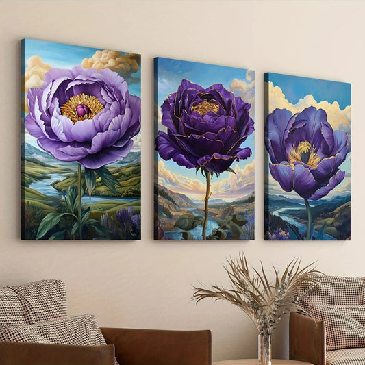 3pcs Abstract Charming Purple Flowers Blue Sky Wall Art Set Canvas Framed 40x60cm - High Quality Print 100% Australian Made Wall Canvas Ready to Hang