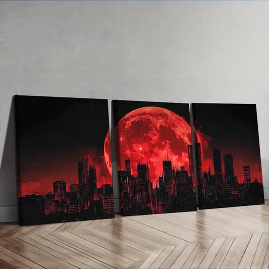 3pcs  Big Red Moon Over Cityscape Wall Art Set Canvas Framed 40x60cm - High Quality Print 100% Australian Made Wall Canvas Ready to Hang